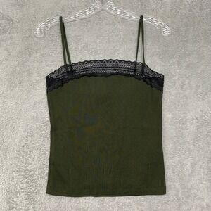 Madewell Camisole Women Large Green Ribbed Lace Trim Spaghetti Strap NY280 NEW